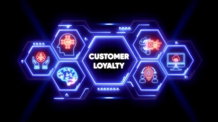 Customer loyalty concept with AI and brain icons in neon hexagons business idea