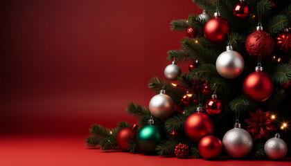 Festive Christmas tree decorated with ornaments and glowing lights in bokeh style on a bright red background. illustration of christmas tree on red background Created with Generative AI