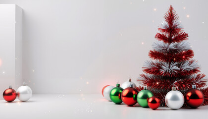 The Christmas concept. A composition with a Christmas tree and gifts on a white background. spruce branches on a white background with an empty space