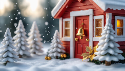 A composition from a Christmas tree around a red house. The golden bell on the door. White fluffy snow. The concept of Christmas