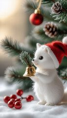 The Christmas concept. A composition with a Christmas tree and a white fox wearing a red hat and a golden bell. New Year's lights snow.