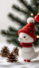 The Christmas concept. A composition with a Christmas tree and a white fox in a red hat holding a fir twig. New Year's lights snow.