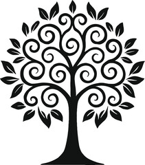 Decorative Tree Silhouette with Swirling Branches and Leaves Elegant Nature Vector Illustration