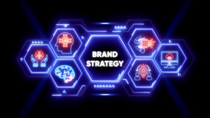 Brand strategy concept with AI and brain icons in neon hexagons business idea