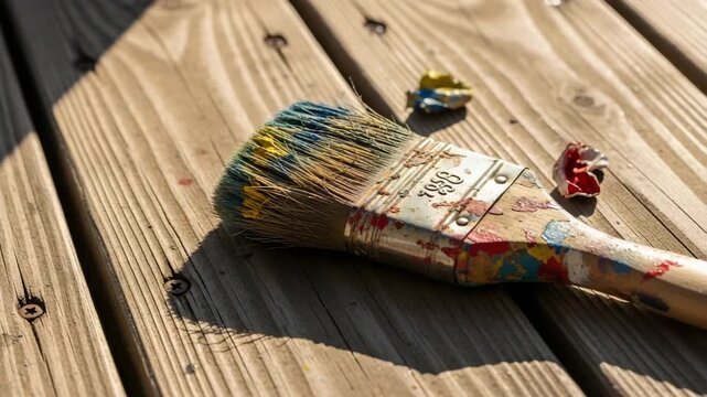 Paintbrush on Wooden Deck - A Colorful Renovation Project.