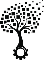 Digital Tree Silhouette with Pixel Foliage and Gear Base Technology and Nature Fusion Vector Illustration