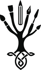 Artistic Tree Silhouette with Paintbrushes, Pencil, and Pen Creative Expression Vector Design