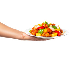 Hand holding a plate of sweet and sour chicken isolated on transparent background