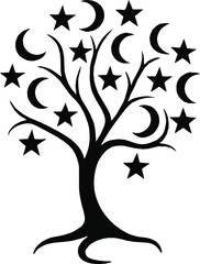 Mystical Tree Silhouette with Crescent Moons and Stars Celestial Nature Vector Illustration