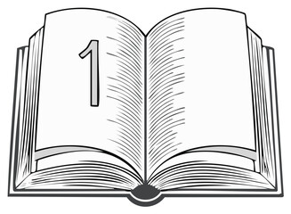 Open book with a large number '1' on the left page, black and white illustration