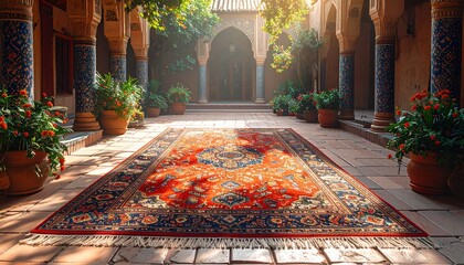 Luxurious Oriental Rug Unfolds in Sunlit Moroccan Courtyard