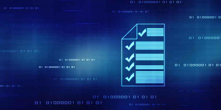 Check Mark on Abstract Blue Backgroud. Quality Control, Guarantee, Checklist, Survey, Compliance Concept, Technology abstract background