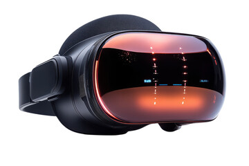Sleek virtual reality headset with reflective visor showcasing digital interface for immersive experiences on transparent background