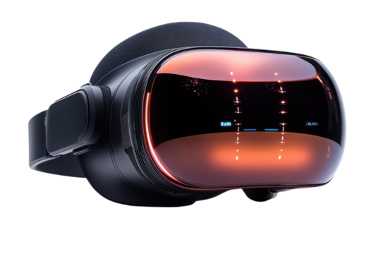 Sleek virtual reality headset with reflective visor showcasing digital interface for immersive experiences on transparent background - Powered by Adobe