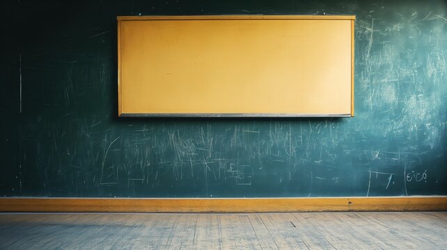 Nostalgic view of an unoccupied educational space featuring a textured green chalkboard and an empty wooden floor, awaiting students and knowledge