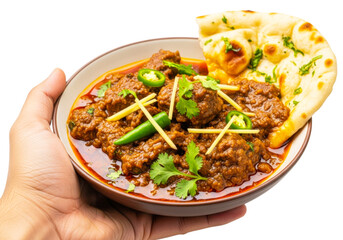 Hand holding a bowl of delicious beef nihari isolated on transparent background