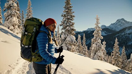 A woman with a backpack hikes on a snowy mountain trail. Backpacker trekking through a winter forest on a sunny day. Outdoor adventure and exploration concept