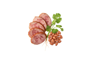 A die cut serving of fried rice with sweet pork and different condiments against a white backdrop