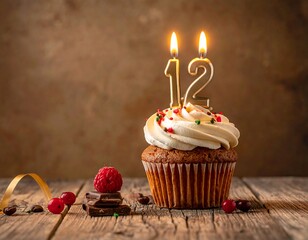 A cupcake with creamy frosting topped by a numeral 12 candle, plus assorted garnishes