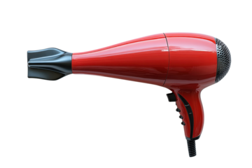 Sleek red hair dryer with black nozzle and handle against a for hair styling needs on transparent background