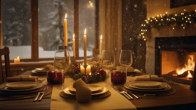 Elegant Christmas dinner table setup with candles and festive decorations
