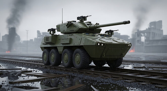 Armored reconnaissance vehicle with multiple wheels in a somber landscape