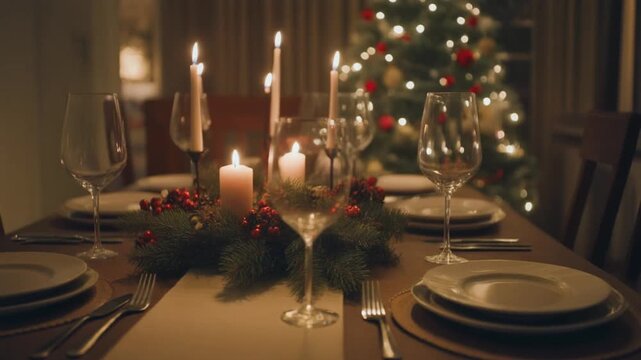 Elegant Christmas dinner table setup with candles and festive decorations