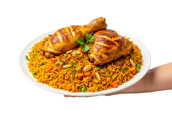 Delicious chicken biryani served on a white plate isolated on transparent background