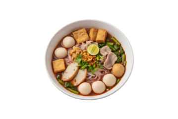 Thai Style Noodle cutouts with a mix of tofu and fish balls in a red broth, set against a white background.