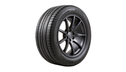 Obraz premium Black rubber car wheel with alloy rim isolated on a white background.