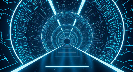 Futuristic neon tunnel with glowing blue lights and circuit board patterns
