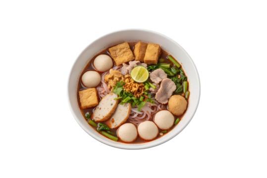 Thai Style Noodle cutouts with a mix of tofu and fish balls in a red broth, set against a white background.
