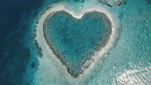 Aerial view of a heart-shaped reef in turquoise waters, surrounded by deep blue ocean