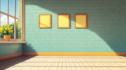 Sunlit Room with Yellow Frames on a Teal Tiled Wall and a Potted Plant by the Window