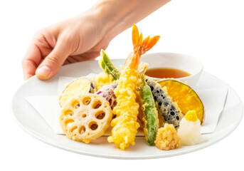 Hand holding a plate of assorted tempura isolated on transparent background