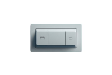 Modern white window blind switch with three buttons for controlling light and privacy in a home setting on transparent background