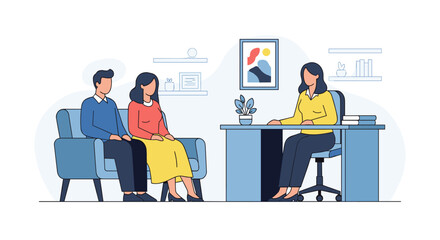 Couple meeting counselor for relationship advice in cozy office setting