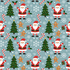Seamless Christmas pattern flat cartoon Santa, Christmas trees, gingerbread men, candy canes, and snowflakes on blue background