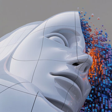 La mente digital: Un rostro de inteligencia artificial que se desintegra en cubos de datos