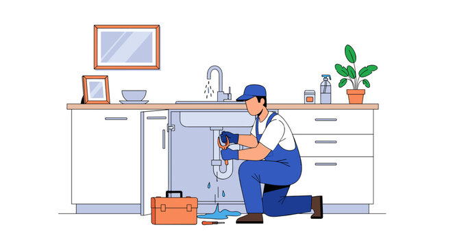 Plumber fixing a sink in a kitchen, showcasing home maintenance and repair work - Powered by Adobe