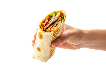 Hand holding a delicious shawarma wrap isolated on transparent background