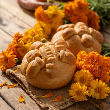 El sabor de la memoria: Pan de Muerto sobre una mesa r&uacute;stica adornado con flores de cempas&uacute;chil