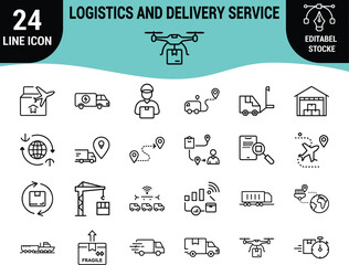 Web24 Logistics and Delivery Service Line Icons Set: Global Shipping, Fast Freight, Package Tracking, Drone Delivery, Warehouse Management, and Supply Chain Graphics - Editable Stroke Vector Pack