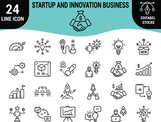 Web24 Startup and Innovation Business Line Icons Set: Idea Development, Launch Strategy, Investment Deal, Growth Chart, Brainstorming, and Technology Solutions Graphics - Editable Stroke Vector Pack