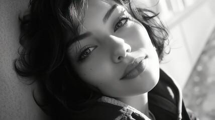 Fototapeta premium Striking black and white portrait of a young woman with captivating eyes and a pensive expression, bathed in natural light, evoking a sense of introspection and quiet beauty
