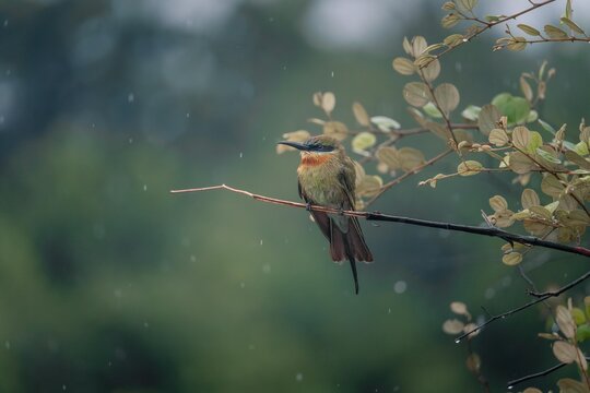 gu&ecirc;pier en attente sur une branche sous la pluie