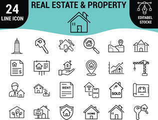 Web24 Real Estate and Property Line Icons Set: Buying, Selling, Renting, Home Search, Construction, Investment, and Smart House Graphics - Editable Stroke Vector Collection