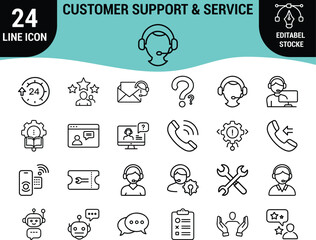 Web24 Customer Support and Service Line Icons Set: Help Desk, Call Center, Technical Assistance, 24/7 Service, Chatbot, Feedback, and Communication Graphics - Editable Stroke Vector Pack