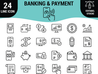 24 Banking and Payment Line Icons Set: Financial Transactions, Digital Money, ATM, Wallet, Credit Cards, Mobile Banking, and Investment Graphics - Editable Stroke Vector Illustration