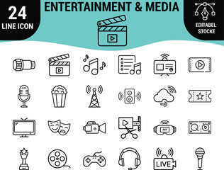 Web24 Entertainment and Media Line Icons Set: Video, Music, Live Streaming, Cinema, Gaming, Virtual Reality, Movie Production, and Broadcasting Graphics - Editable Stroke Vector Collection
